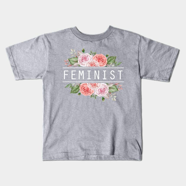 Feminist White Floral Flowers Roses Leaves Kids T-Shirt by TheBlackCatprints